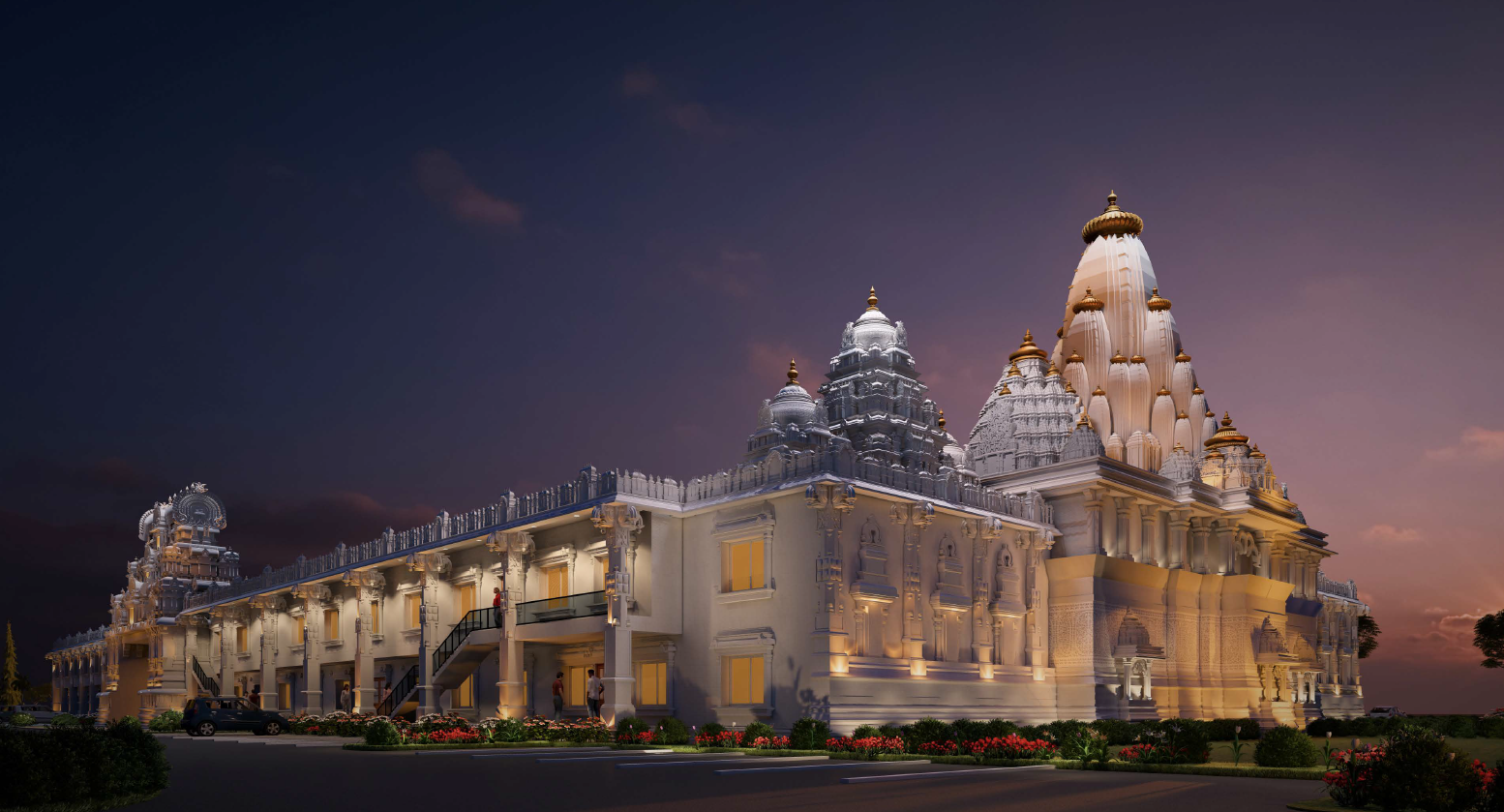 Temple side view at night with warm lighting